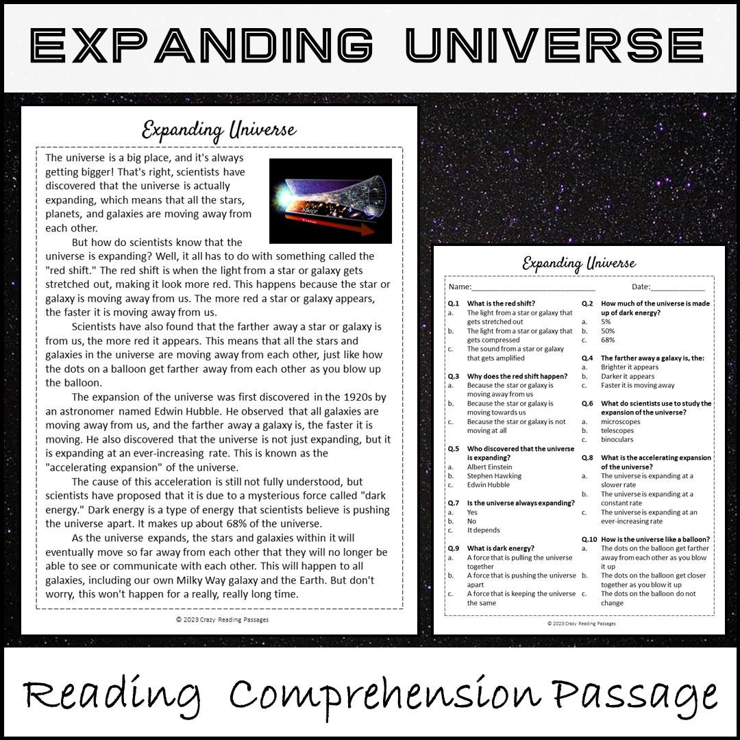 Expanding Universe Reading Comprehension Passage and Questions | Printable PDF