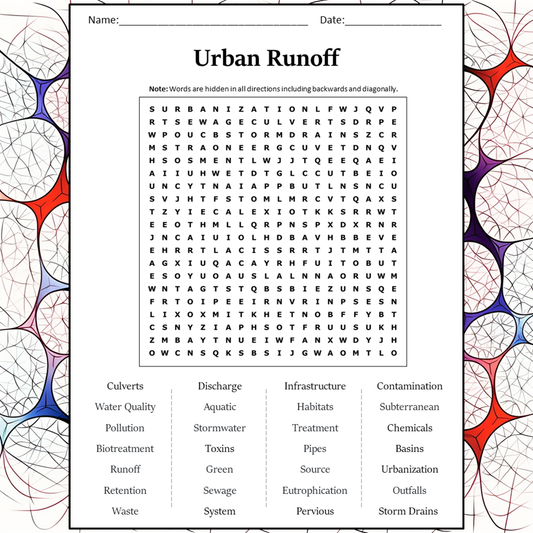 Urban Runoff Word Search Puzzle Worksheet Activity PDF