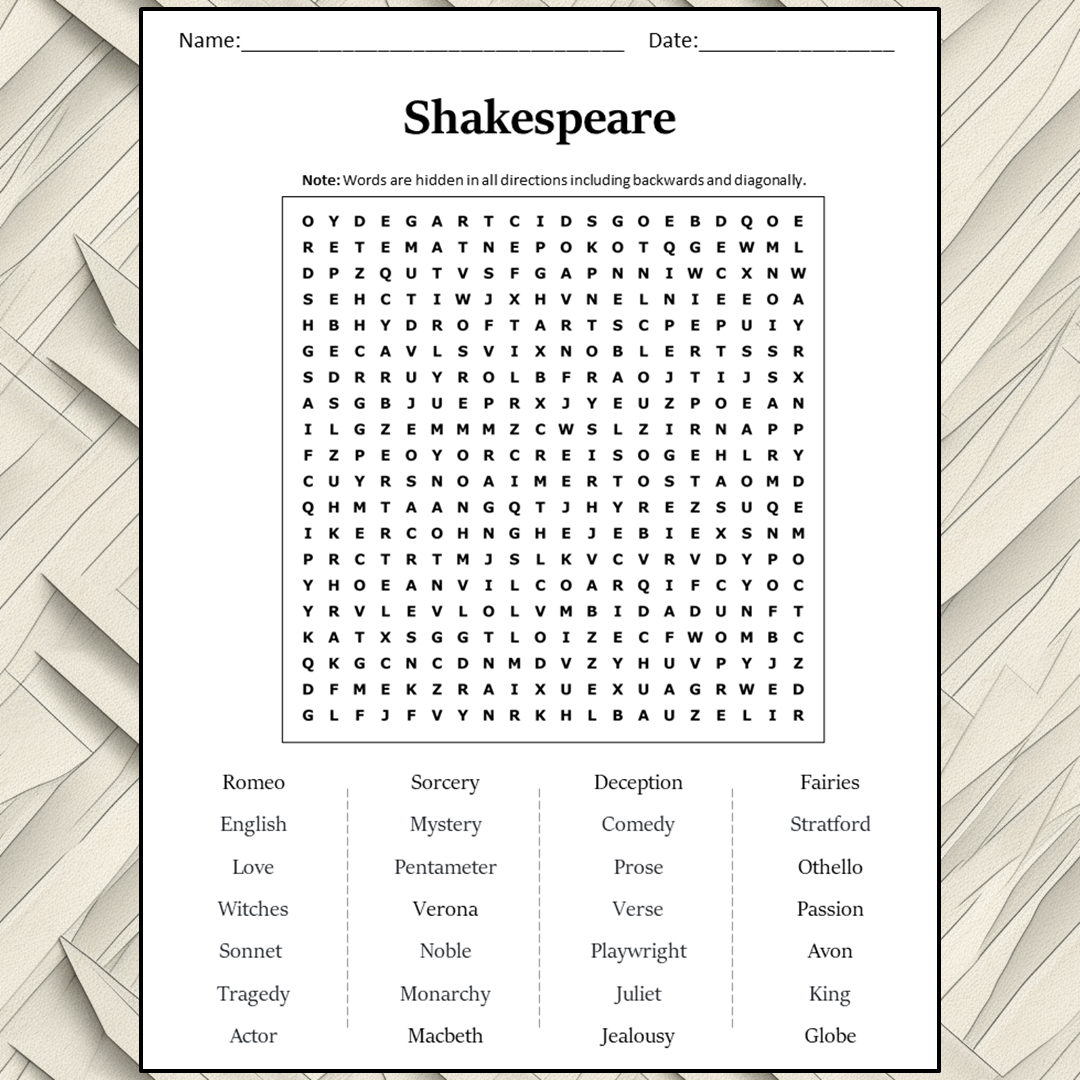 Shakespeare Word Search Puzzle Worksheet Activity PDF