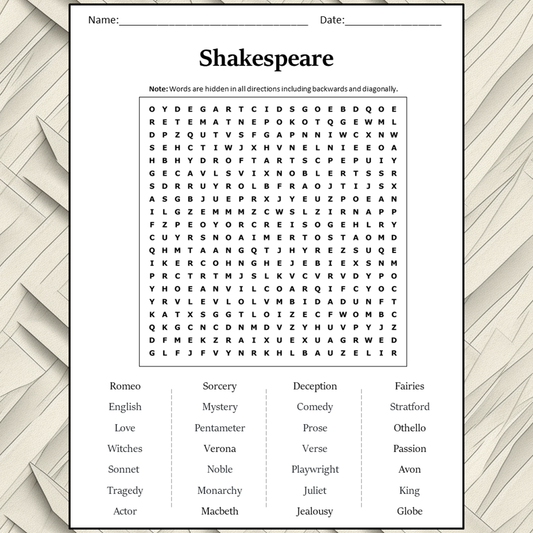 Shakespeare Word Search Puzzle Worksheet Activity PDF