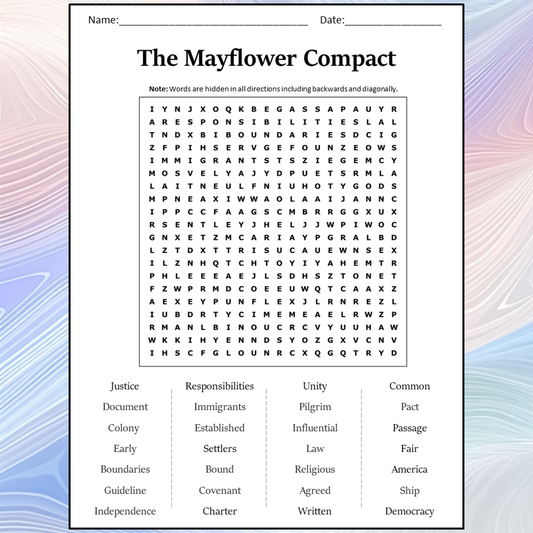 The Mayflower Compact Word Search Puzzle Worksheet Activity PDF