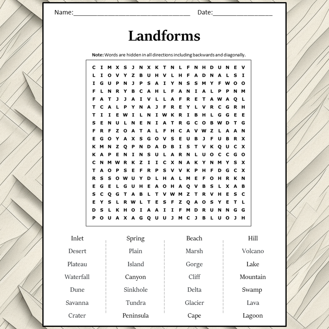 Landforms Word Search Puzzle Worksheet Activity PDF