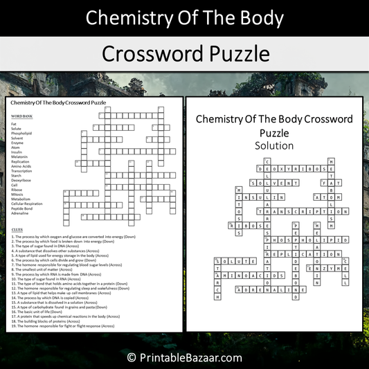 Chemistry Of The Body Crossword Puzzle Worksheet Activity Printable PDF