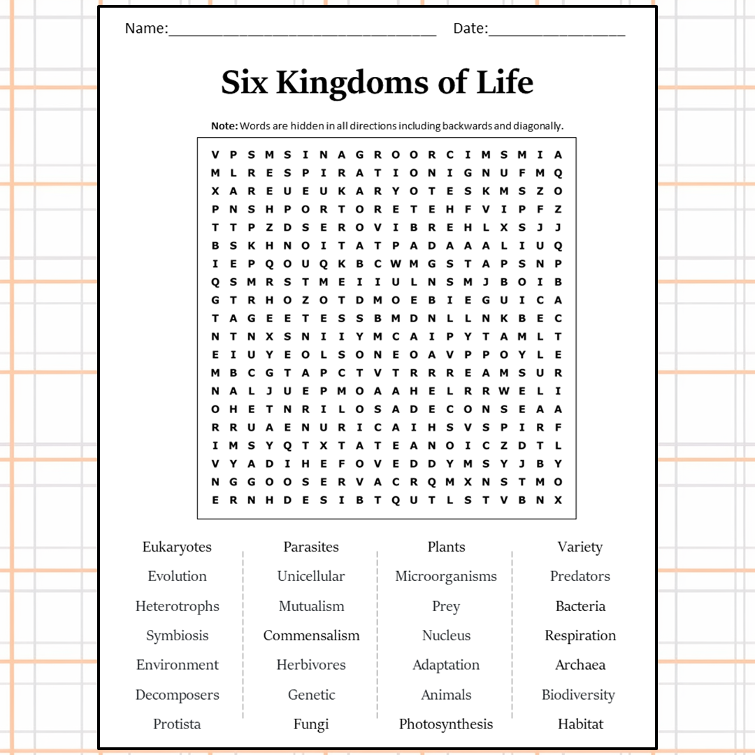 Six Kingdoms Of Life Word Search Puzzle Worksheet Activity PDF