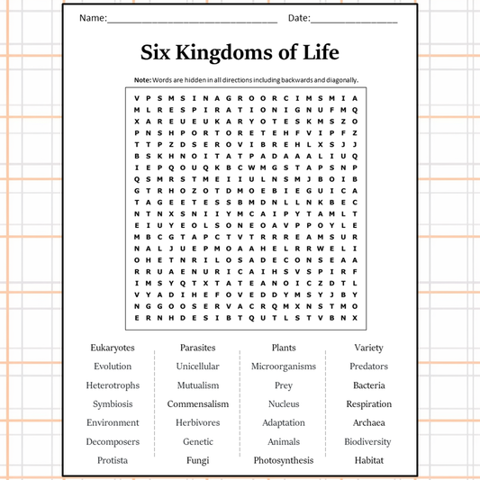 Six Kingdoms Of Life Word Search Puzzle Worksheet Activity PDF