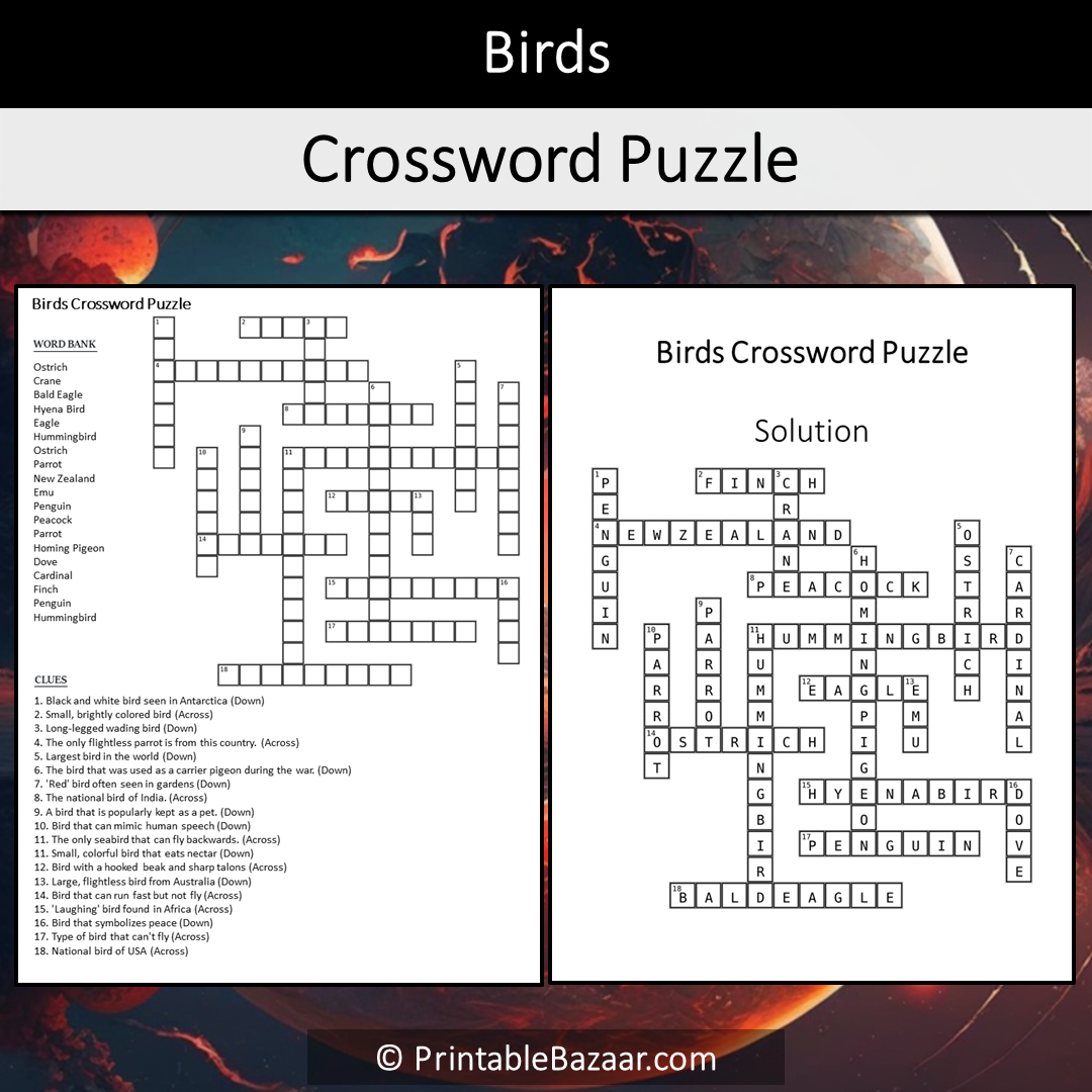 Birds Crossword Puzzle Worksheet Activity Printable PDF