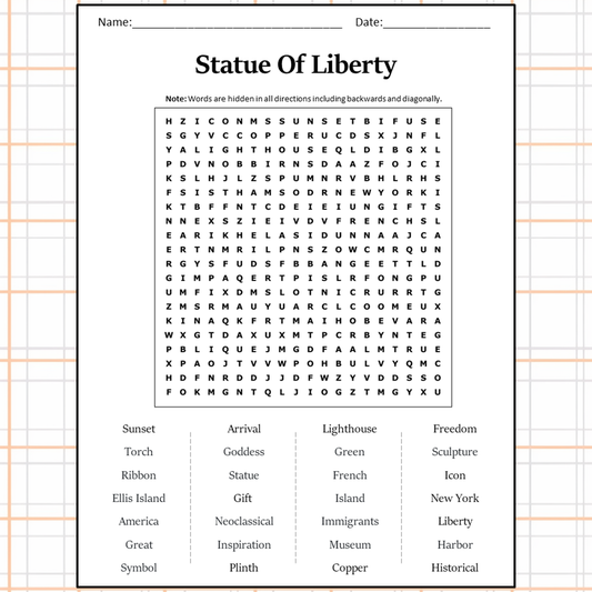 Statue Of Liberty Word Search Puzzle Worksheet Activity PDF