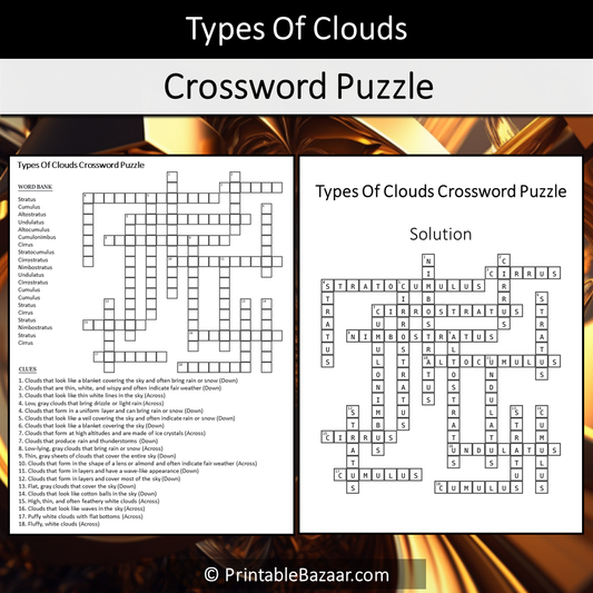 Types Of Clouds Crossword Puzzle Worksheet Activity Printable PDF