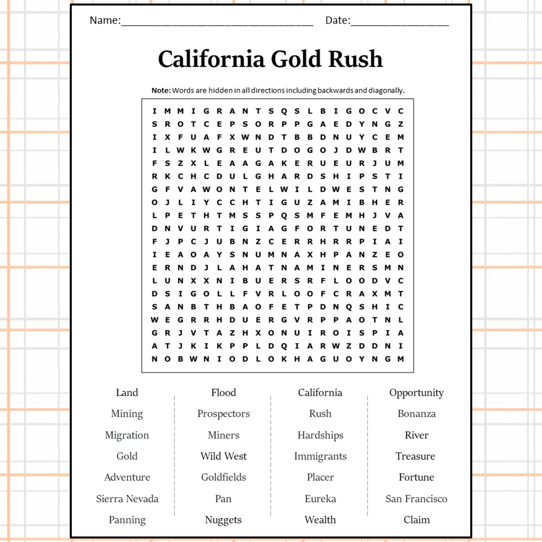 California Gold Rush Word Search Puzzle Worksheet Activity PDF