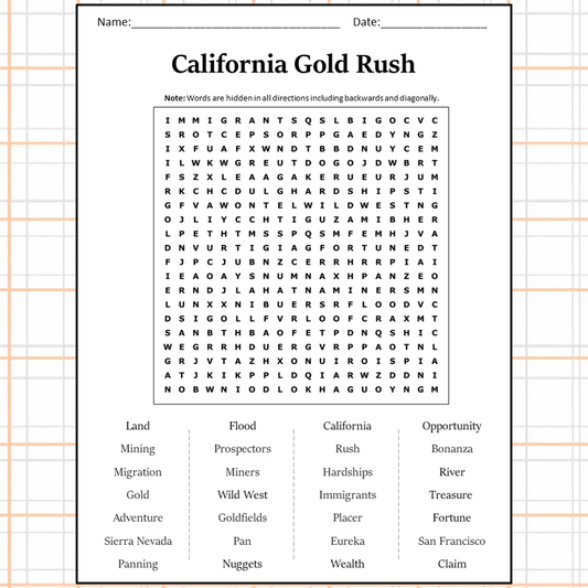 California Gold Rush Word Search Puzzle Worksheet Activity PDF