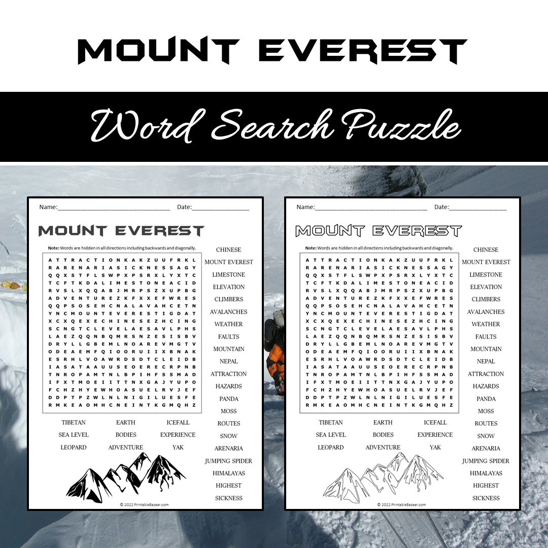 Mount Everest Word Search Puzzle Worksheet PDF