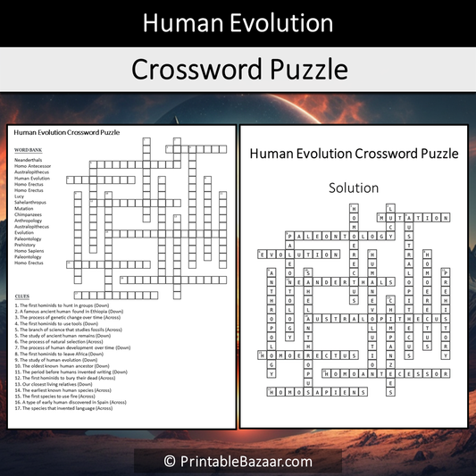 Human Evolution Crossword Puzzle Worksheet Activity Printable PDF