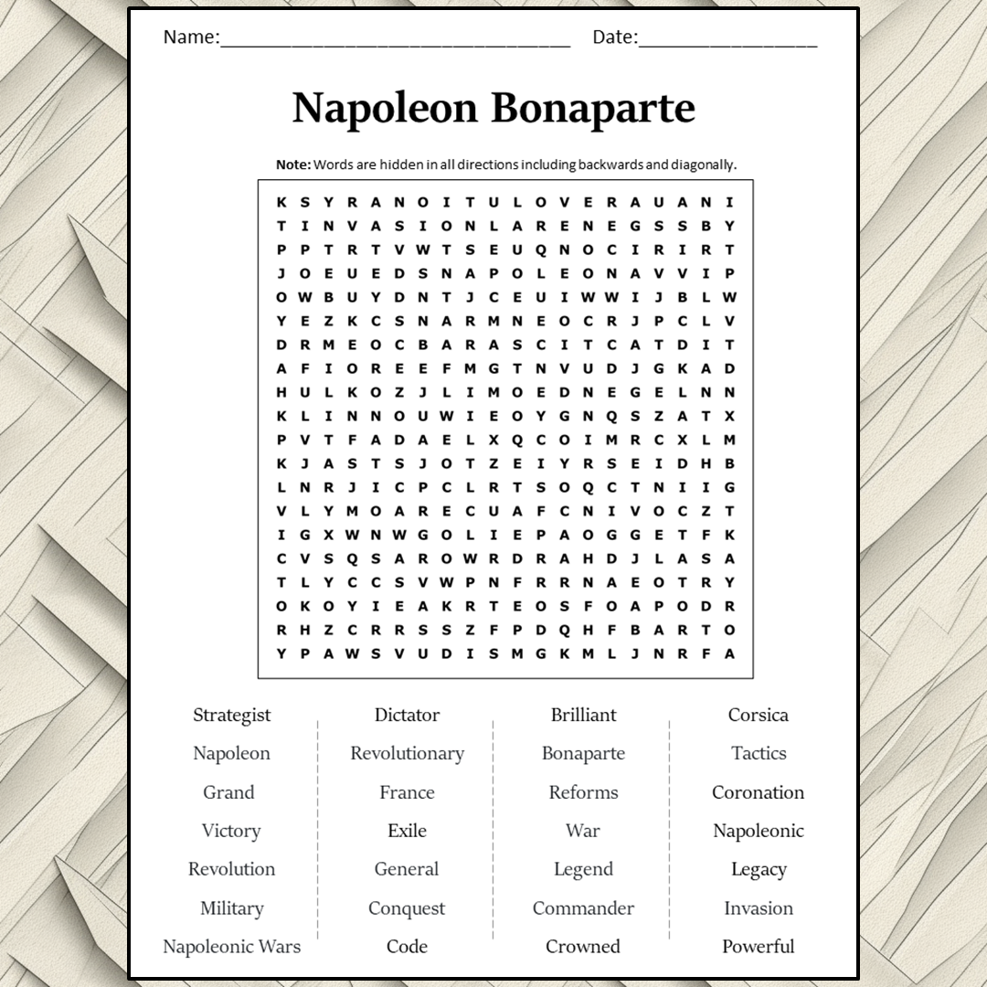 Napoleon Bonaparte Word Search Puzzle Worksheet Activity PDF