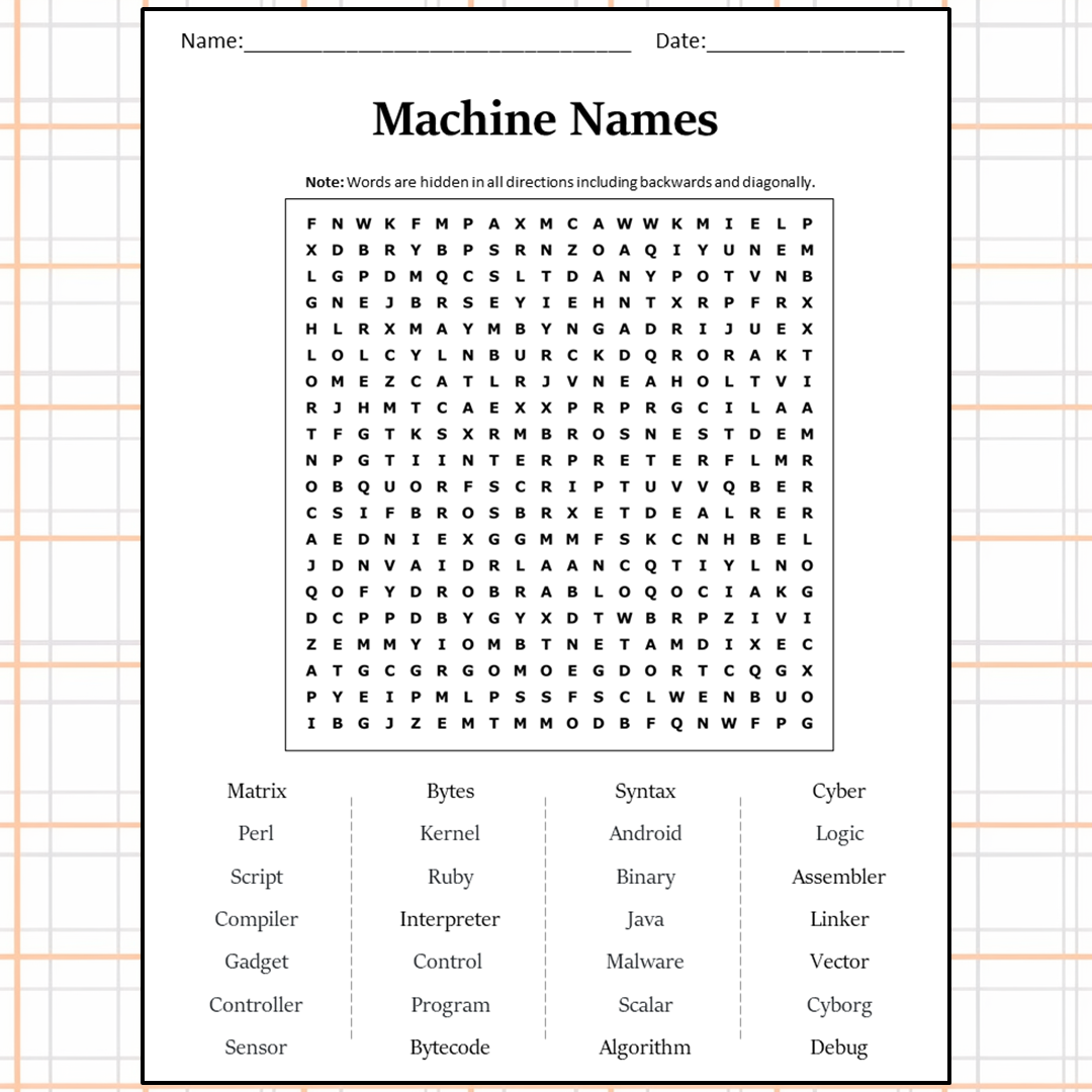 Machine Names Word Search Puzzle Worksheet Activity PDF