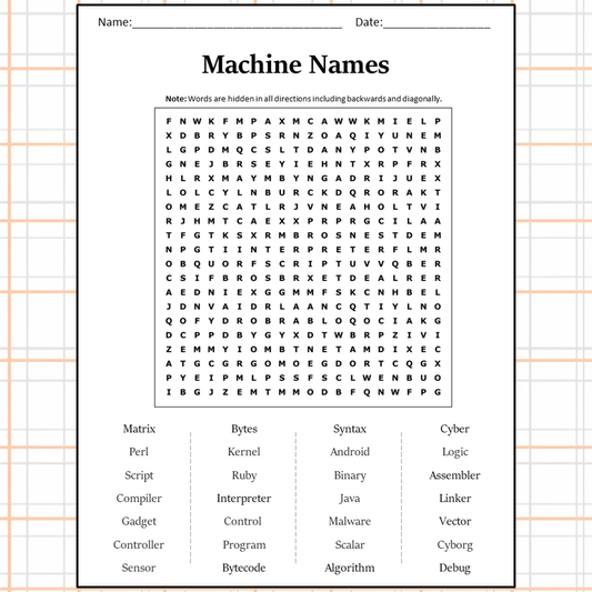 Machine Names Word Search Puzzle Worksheet Activity PDF