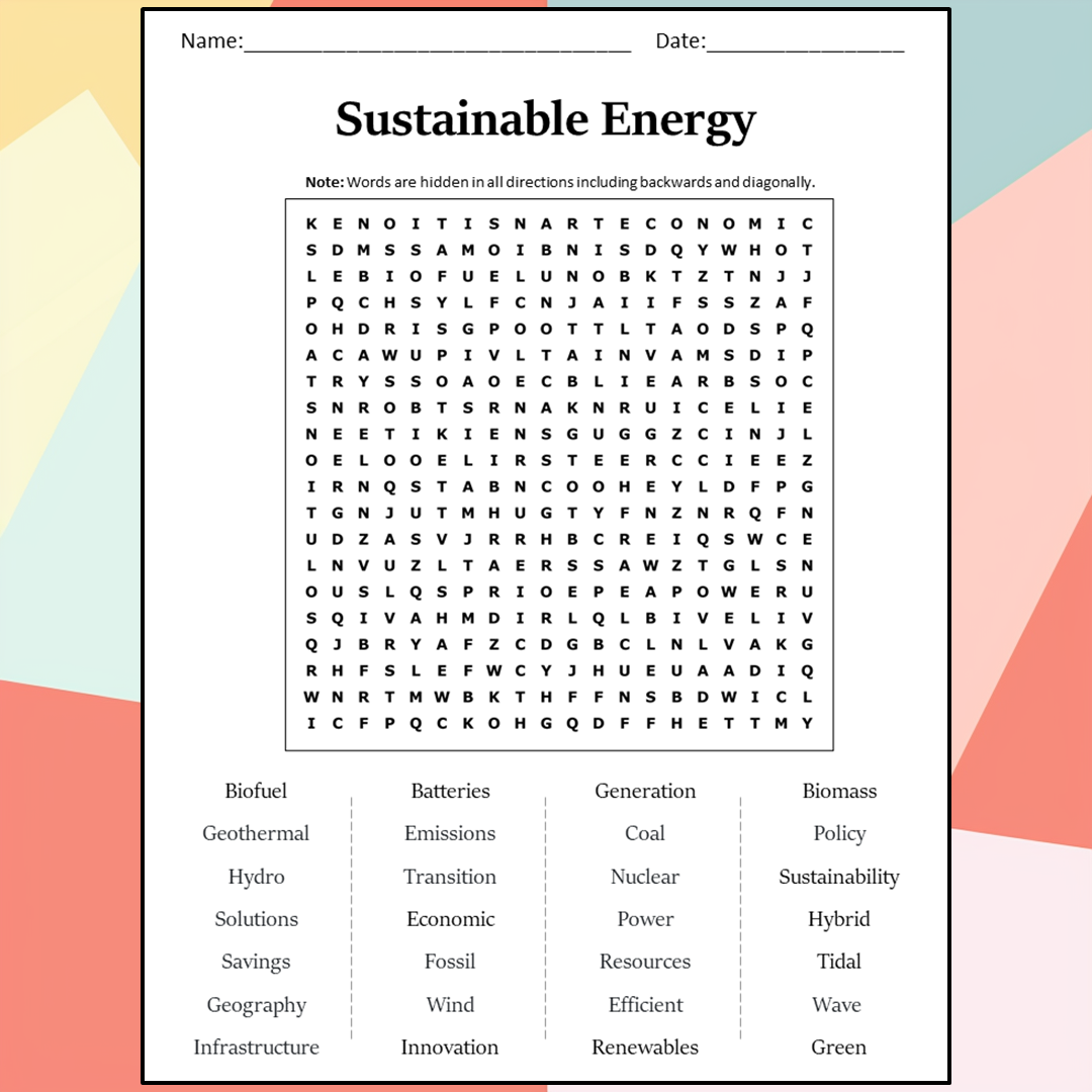 Sustainable Energy Word Search Puzzle Worksheet Activity PDF