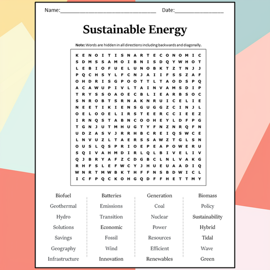 Sustainable Energy Word Search Puzzle Worksheet Activity PDF