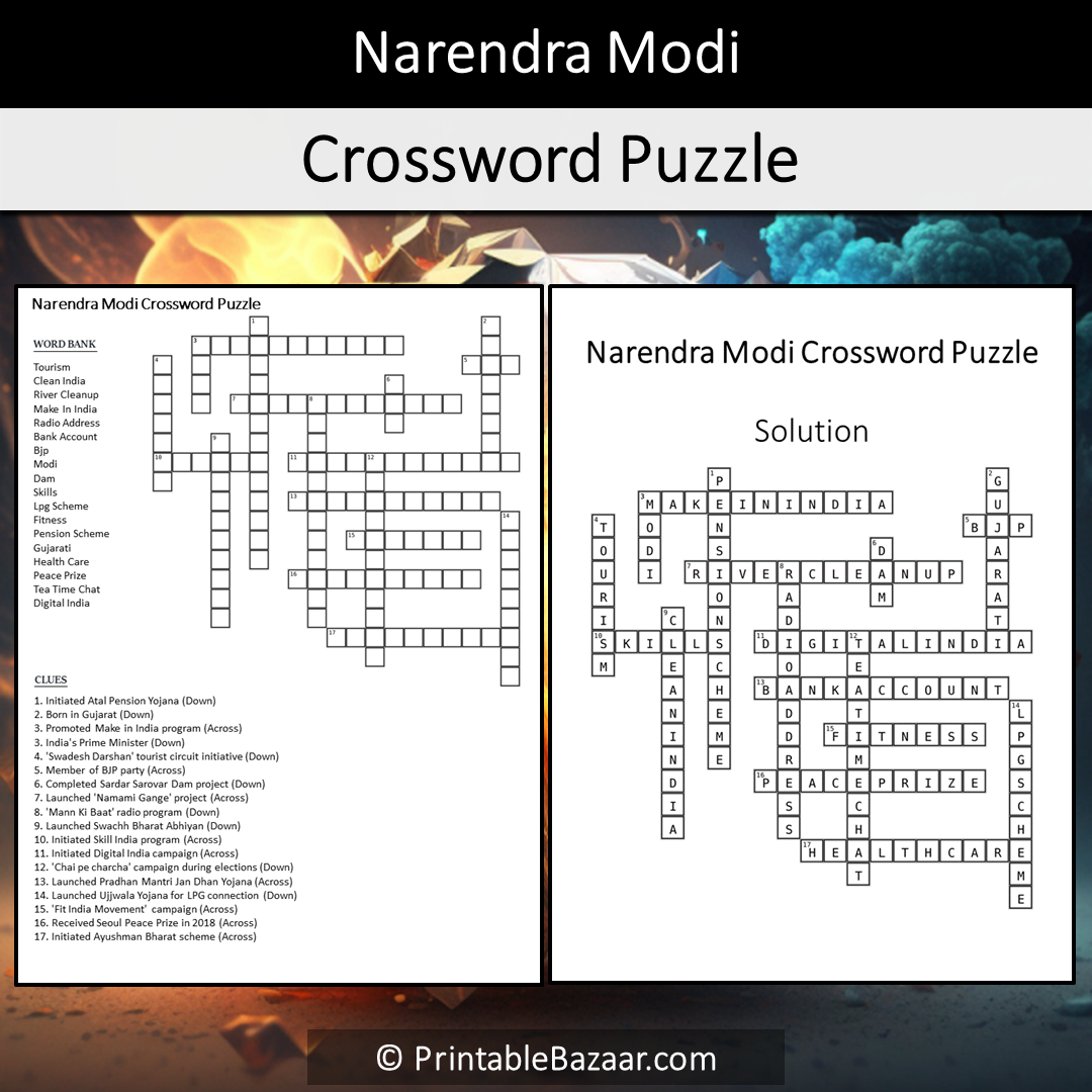 Narendra Modi Crossword Puzzle Worksheet Activity Printable PDF