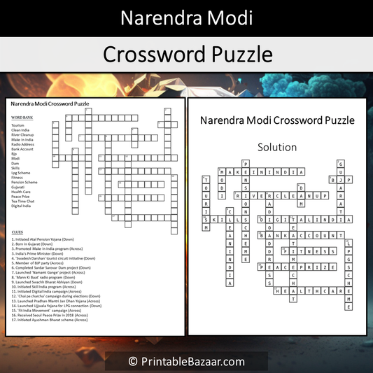 Narendra Modi Crossword Puzzle Worksheet Activity Printable PDF