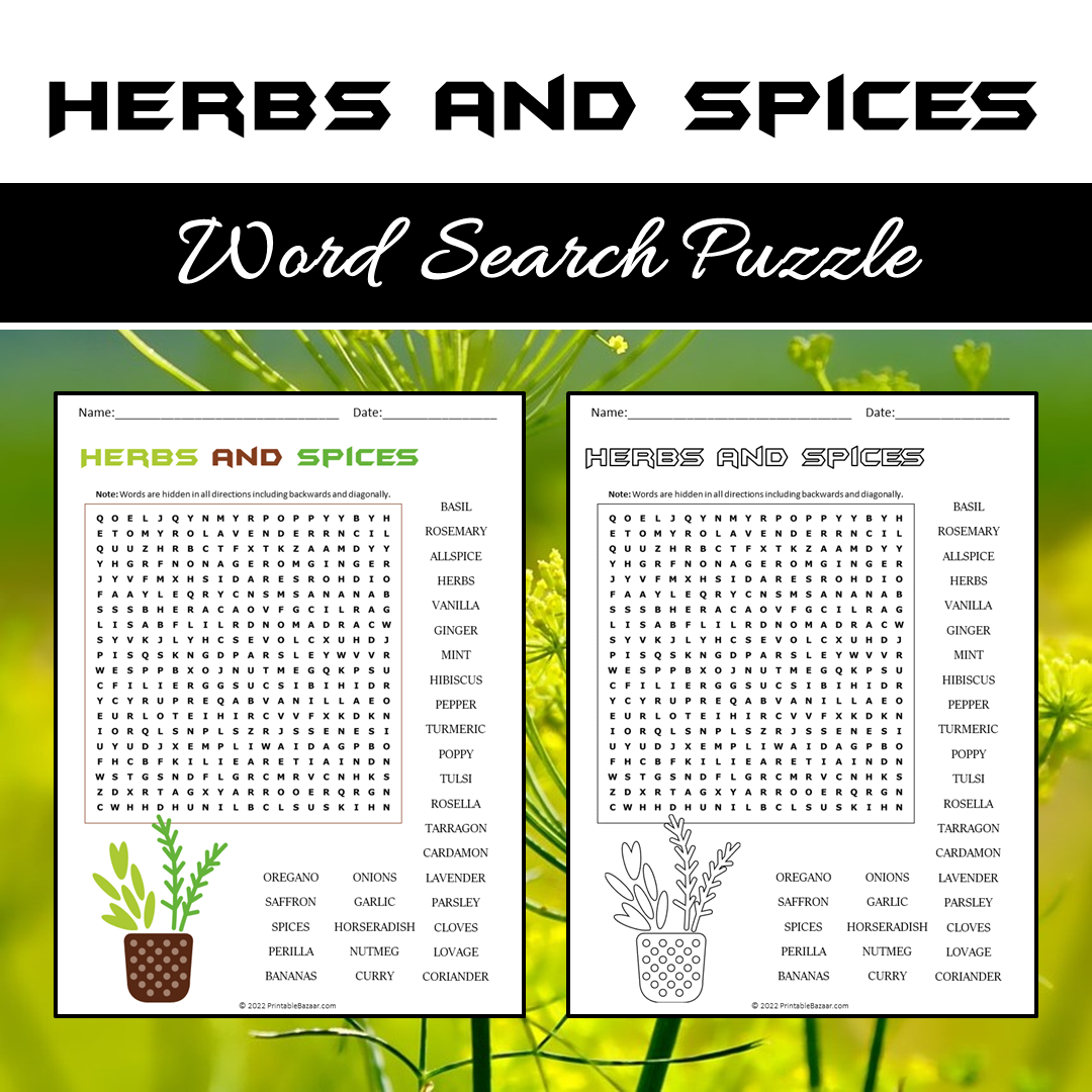 Herbs And Spices Word Search Puzzle Worksheet PDF