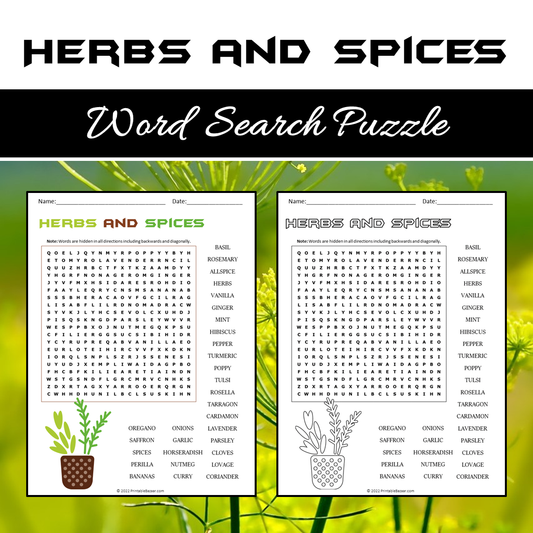 Herbs And Spices Word Search Puzzle Worksheet PDF