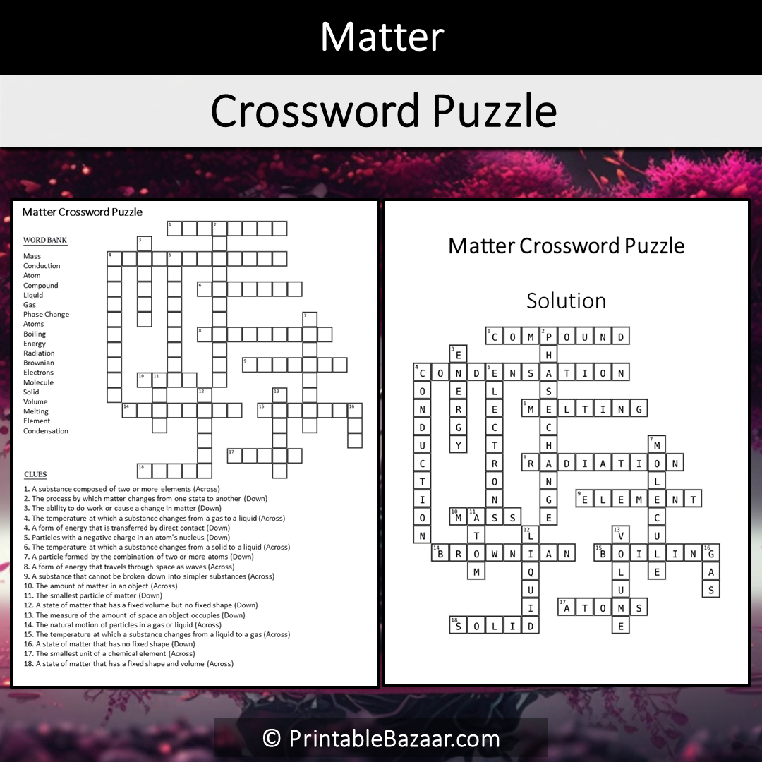 Matter Crossword Puzzle Worksheet Activity Printable PDF