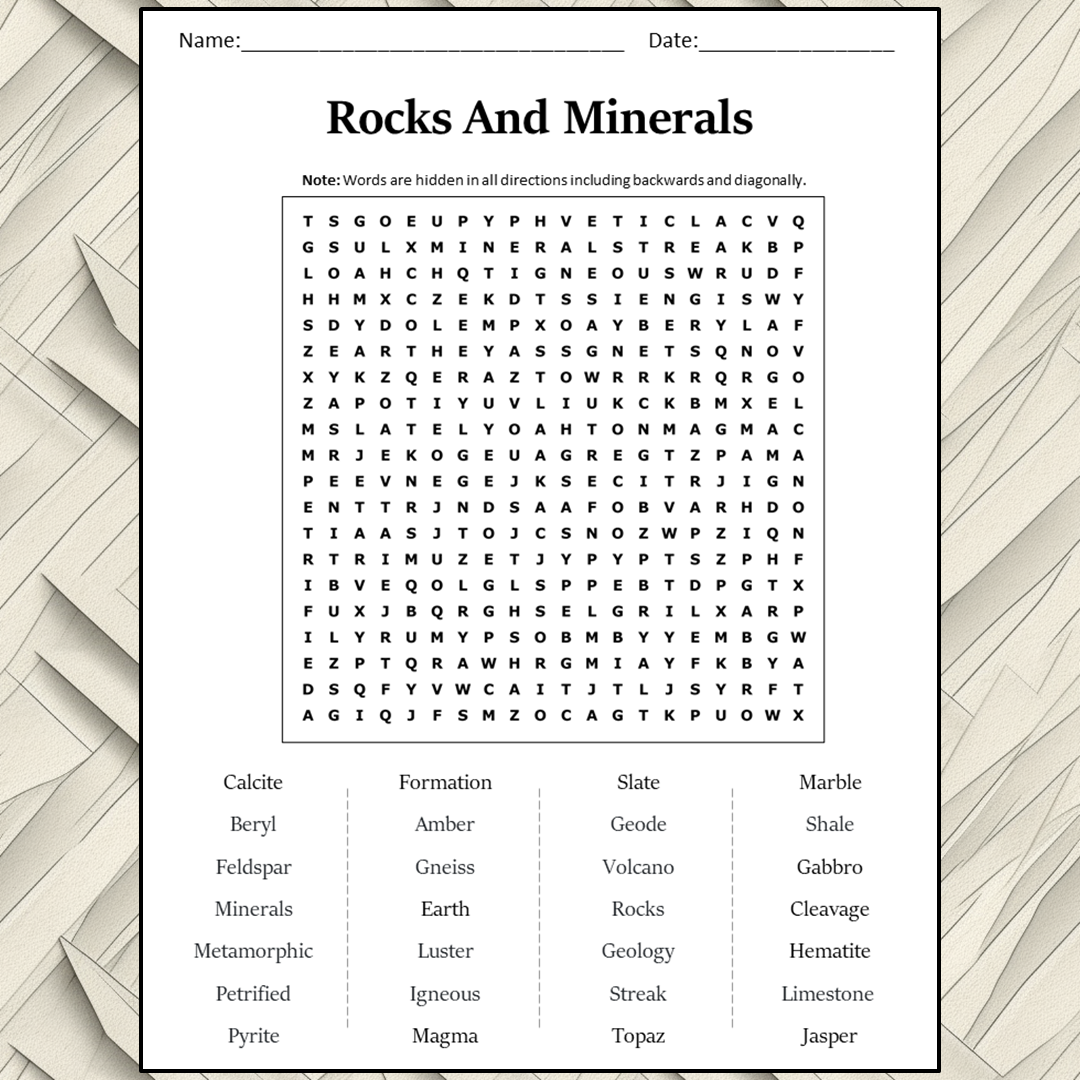 Rocks And Minerals Word Search Puzzle Worksheet Activity PDF