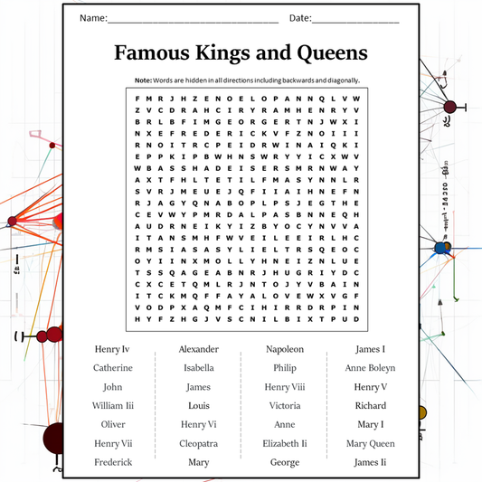 Famous Kings And Queens Word Search Puzzle Worksheet Activity PDF