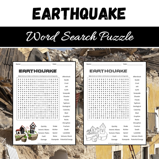 Earthquake Word Search Puzzle Worksheet PDF