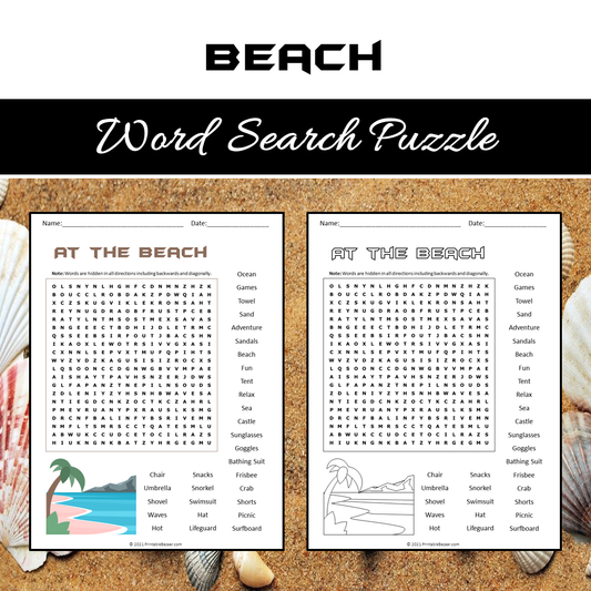 Beach Word Search Puzzle Worksheet PDF