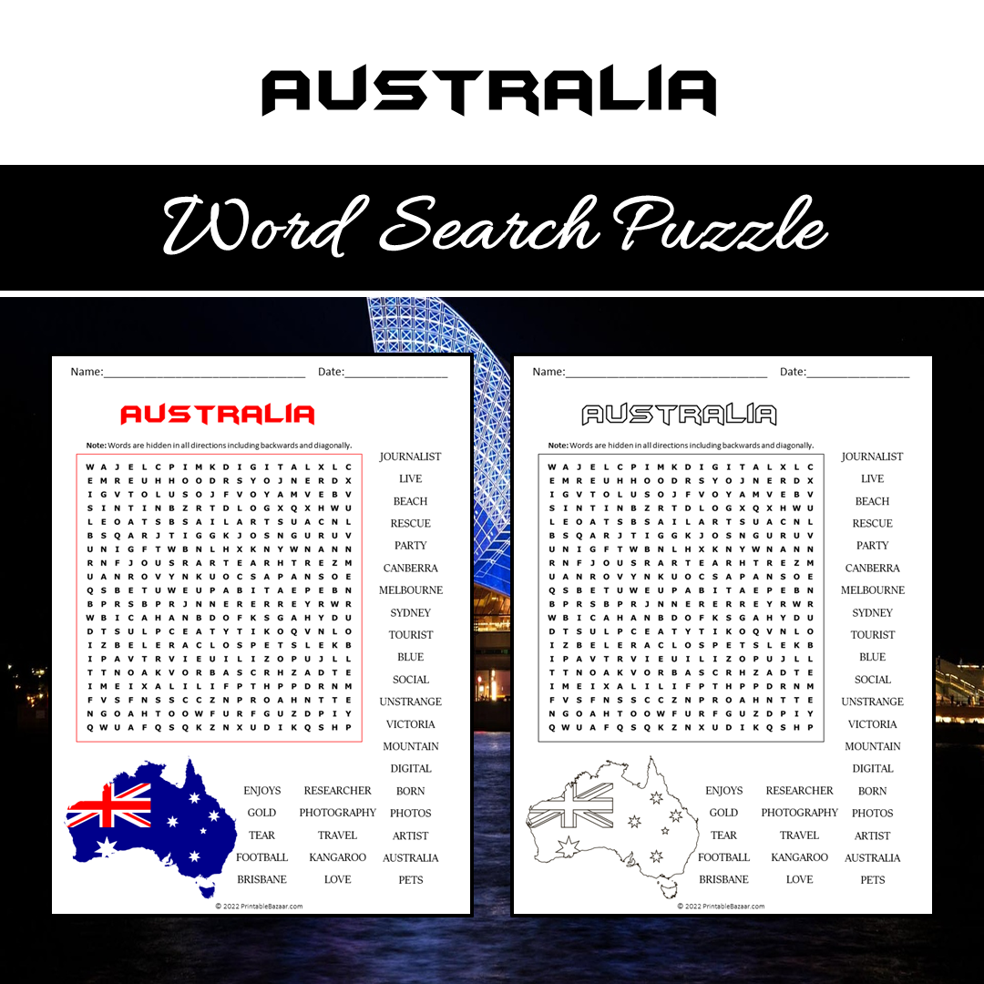 Australia Word Search Puzzle Worksheet PDF