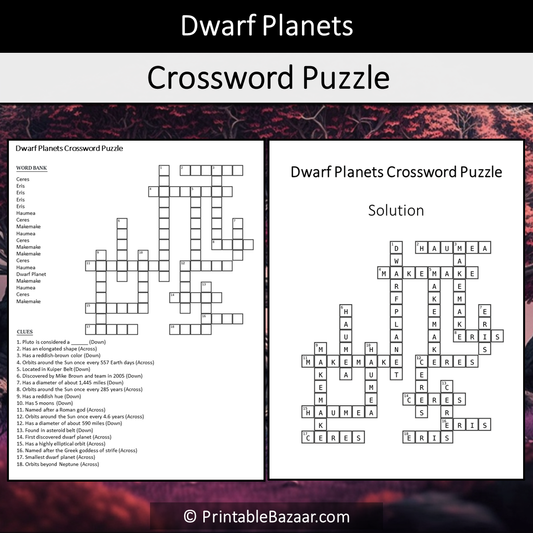 Dwarf Planets Crossword Puzzle Worksheet Activity Printable PDF