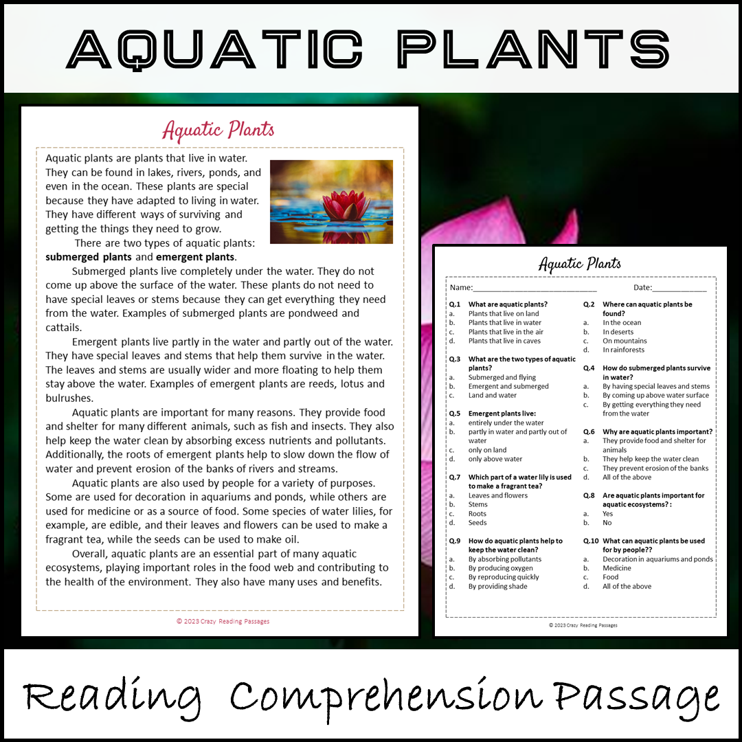 Aquatic Plants Reading Comprehension Passage and Questions | Printable PDF