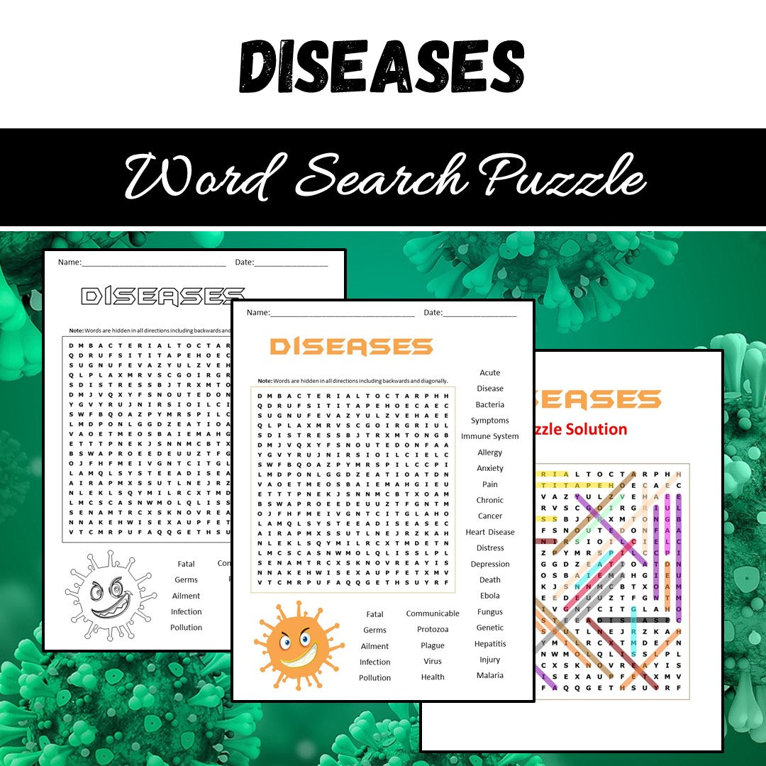 Diseases Word Search Puzzle Worksheet PDF