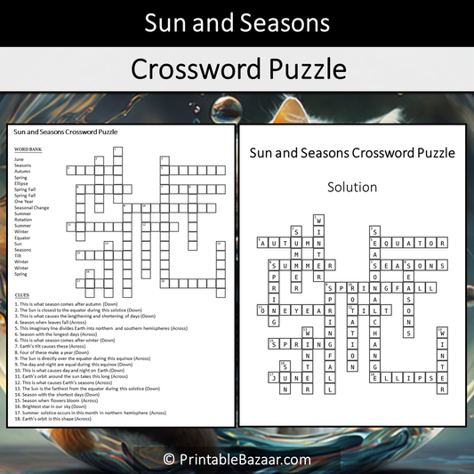 Sun And Seasons Crossword Puzzle Worksheet Activity Printable PDF