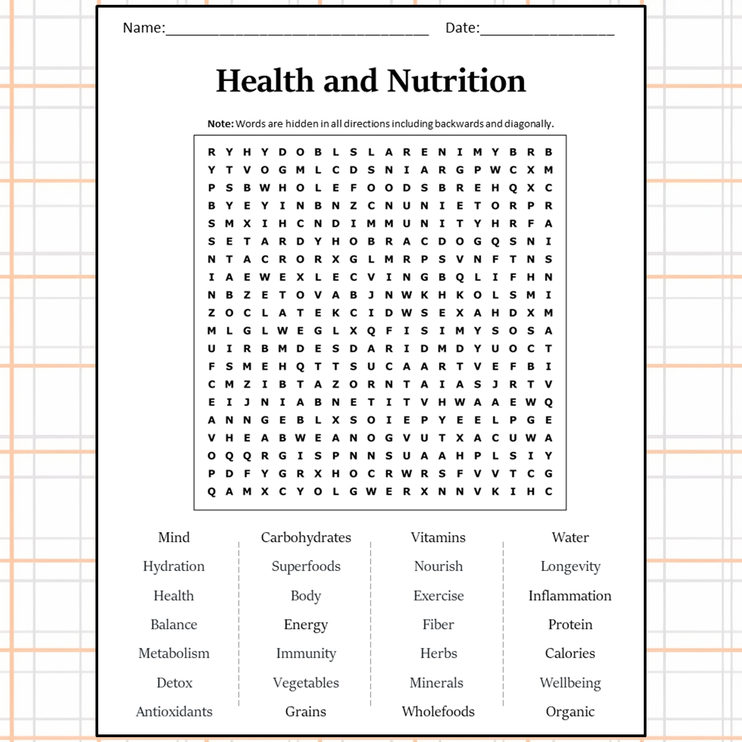 Health And Nutrition Word Search Puzzle Worksheet Activity PDF