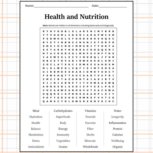 Health And Nutrition Word Search Puzzle Worksheet Activity PDF