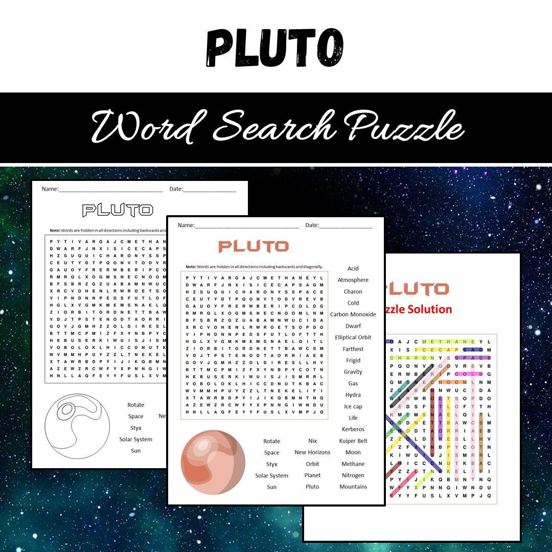 Pluto Word Search Puzzle Worksheet PDF