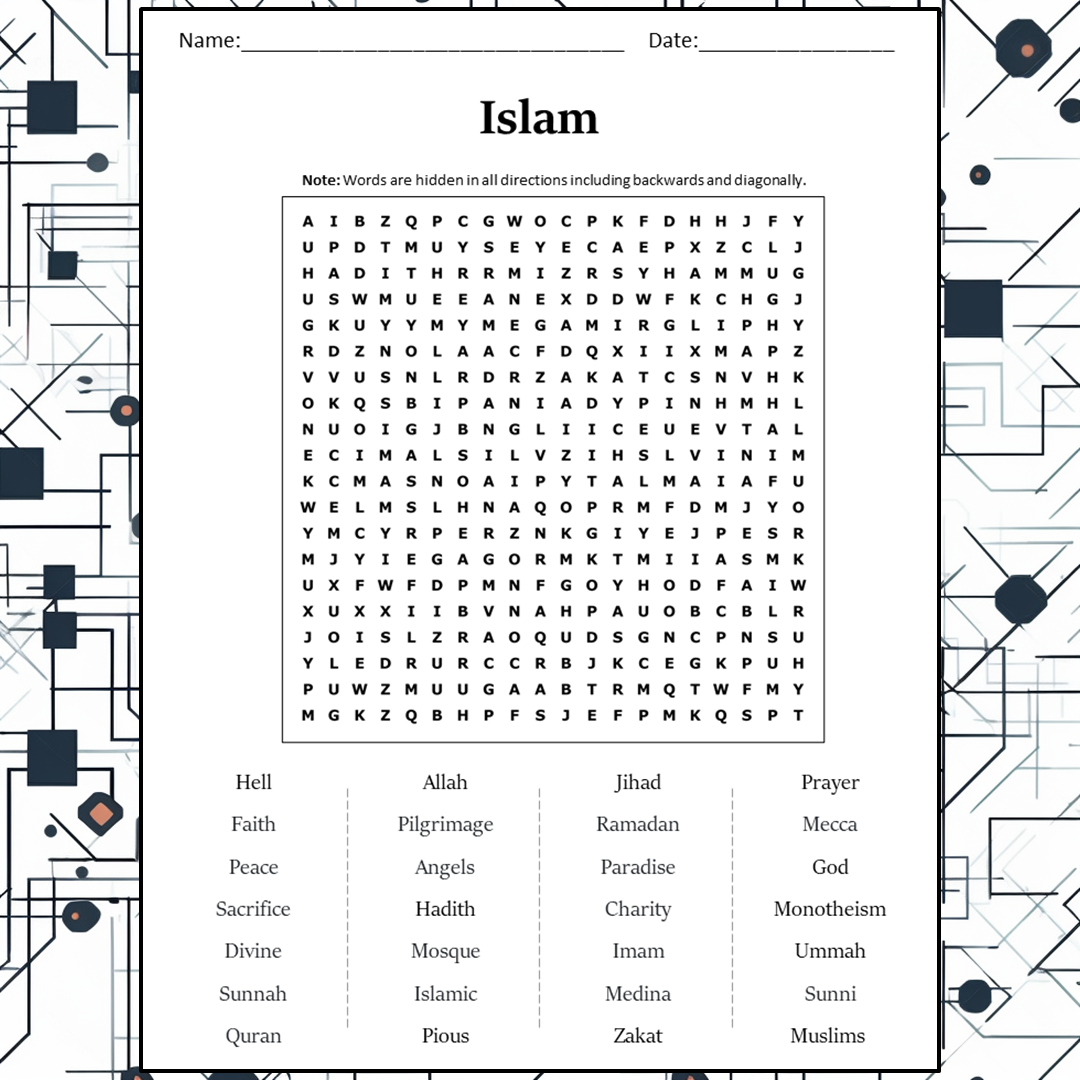 Islam Word Search Puzzle Worksheet Activity PDF