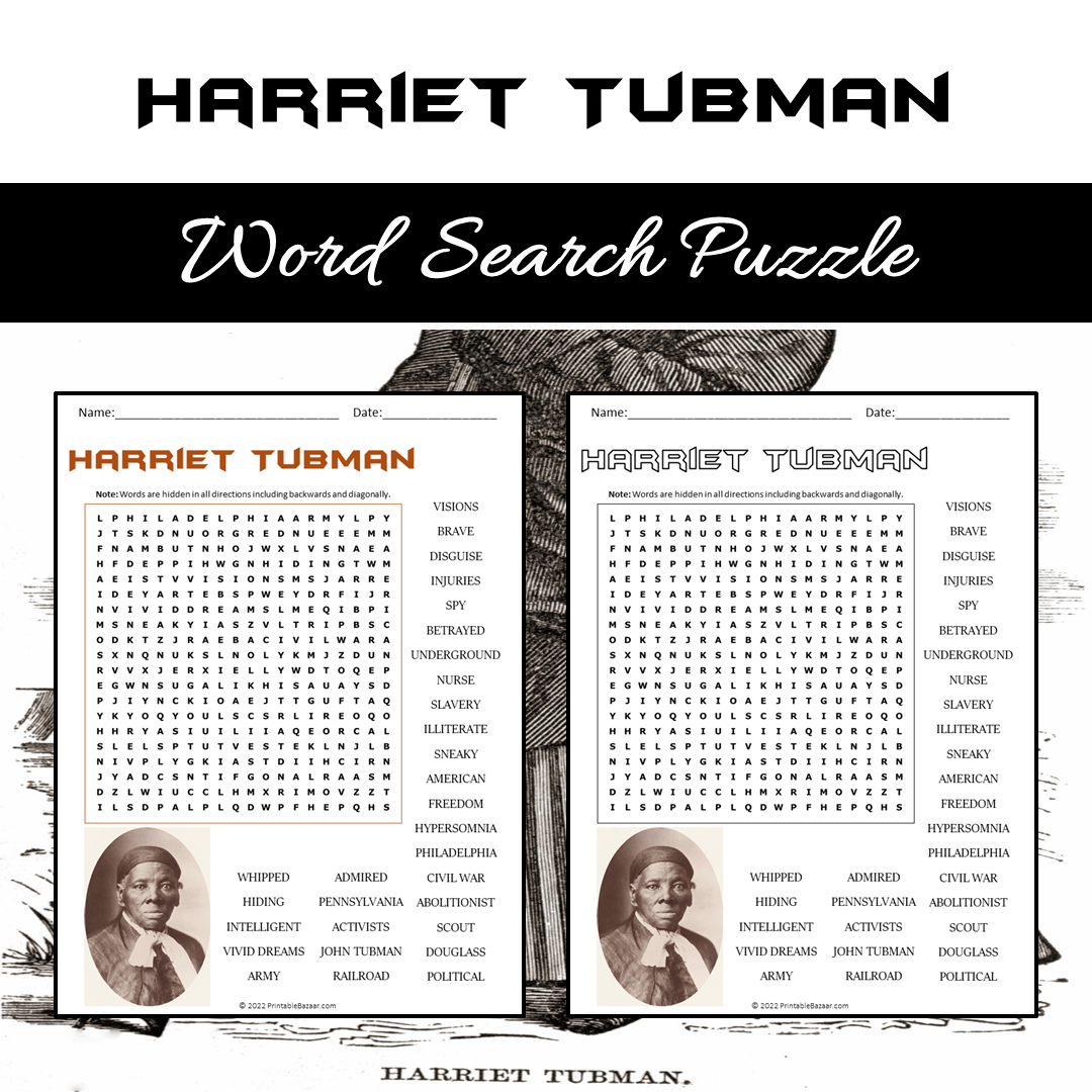 Harriet Tubman Word Search Puzzle Worksheet PDF