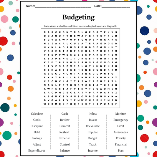 Budgeting Word Search Puzzle Worksheet Activity PDF