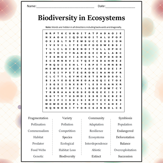 Biodiversity In Ecosystems Word Search Puzzle Worksheet Activity PDF