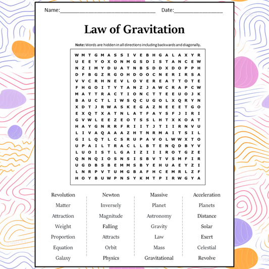 Law Of Gravitation Word Search Puzzle Worksheet Activity PDF