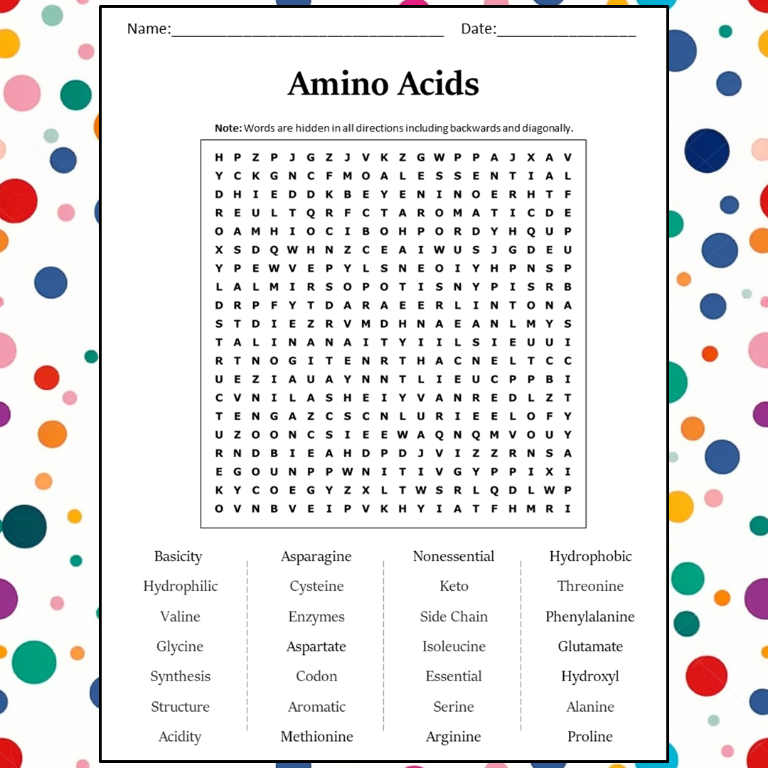 Amino Acids Word Search Puzzle Worksheet Activity PDF