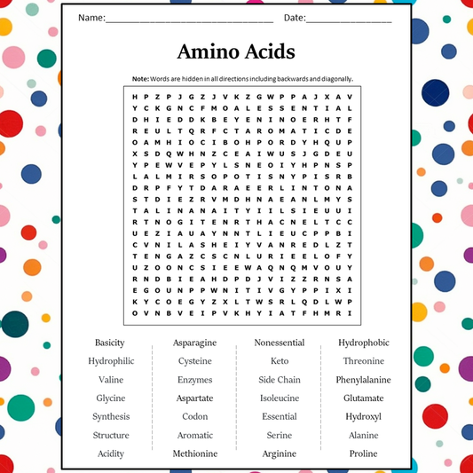 Amino Acids Word Search Puzzle Worksheet Activity PDF