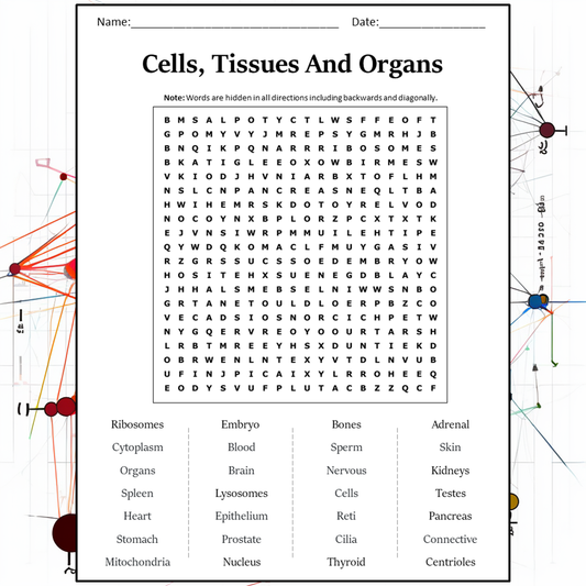 Cells, Tissues and Organs Word Search Puzzle Worksheet Activity PDF