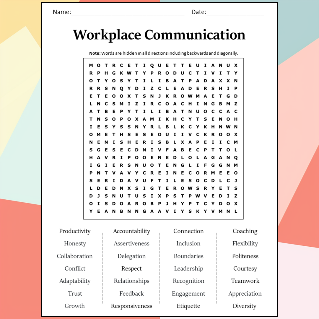 Workplace Communication Word Search Puzzle Worksheet Activity PDF