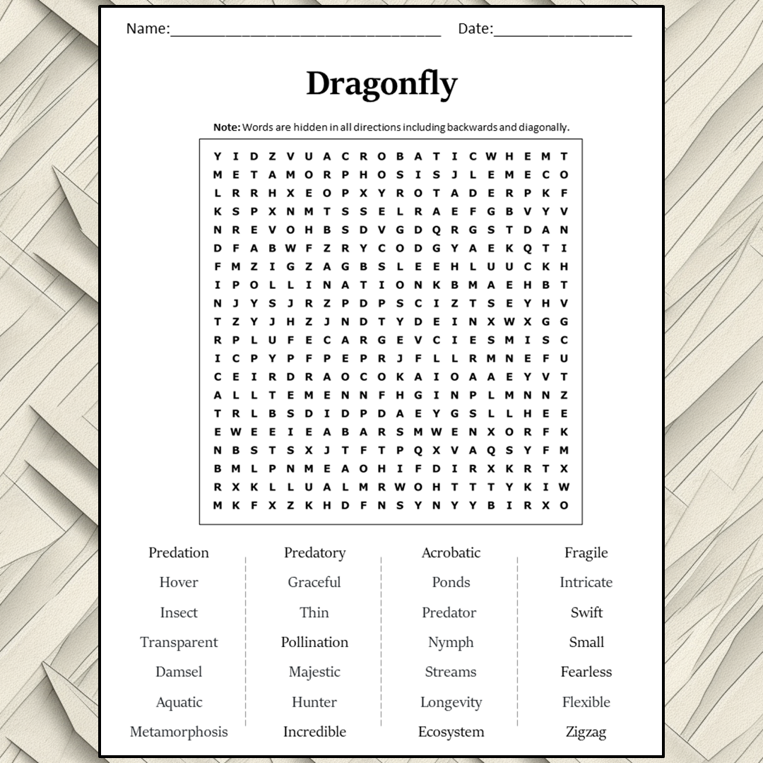 Dragonfly Word Search Puzzle Worksheet Activity PDF