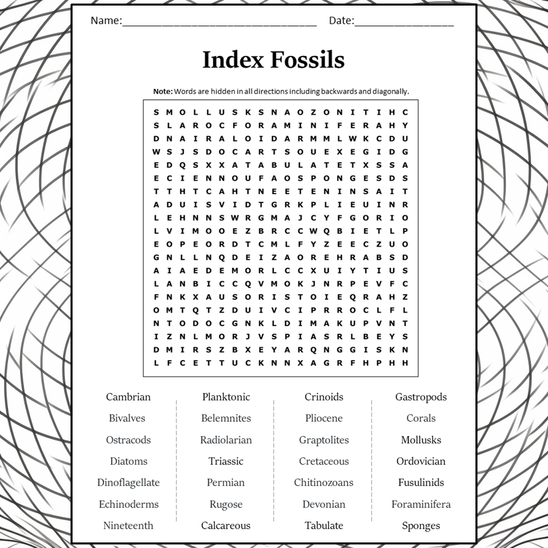 Index Fossils Word Search Puzzle Worksheet Activity PDF