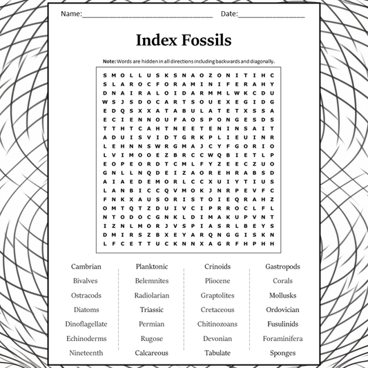 Index Fossils Word Search Puzzle Worksheet Activity PDF